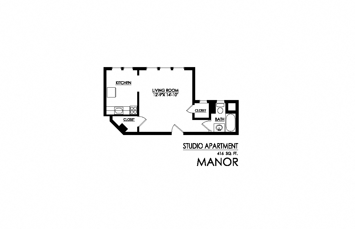 Floor plan for studio, 1 bath, 416 sqft